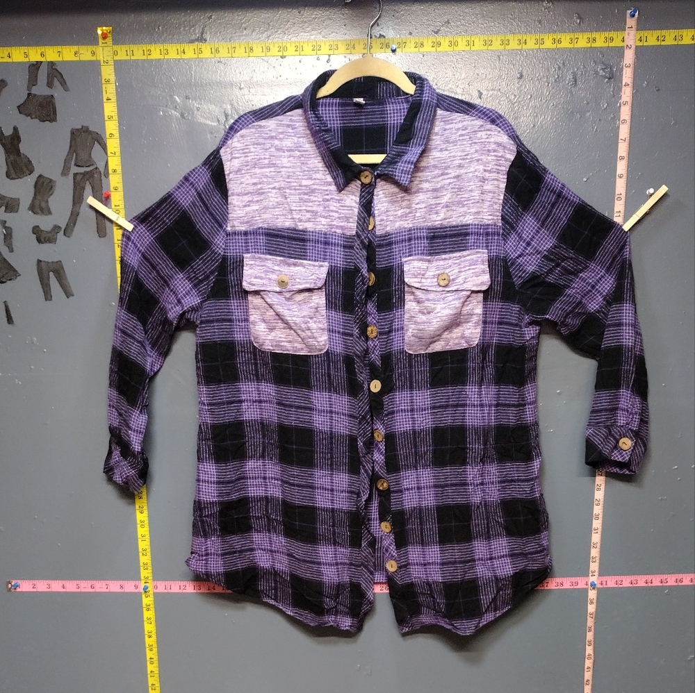 Purple plaid button down top